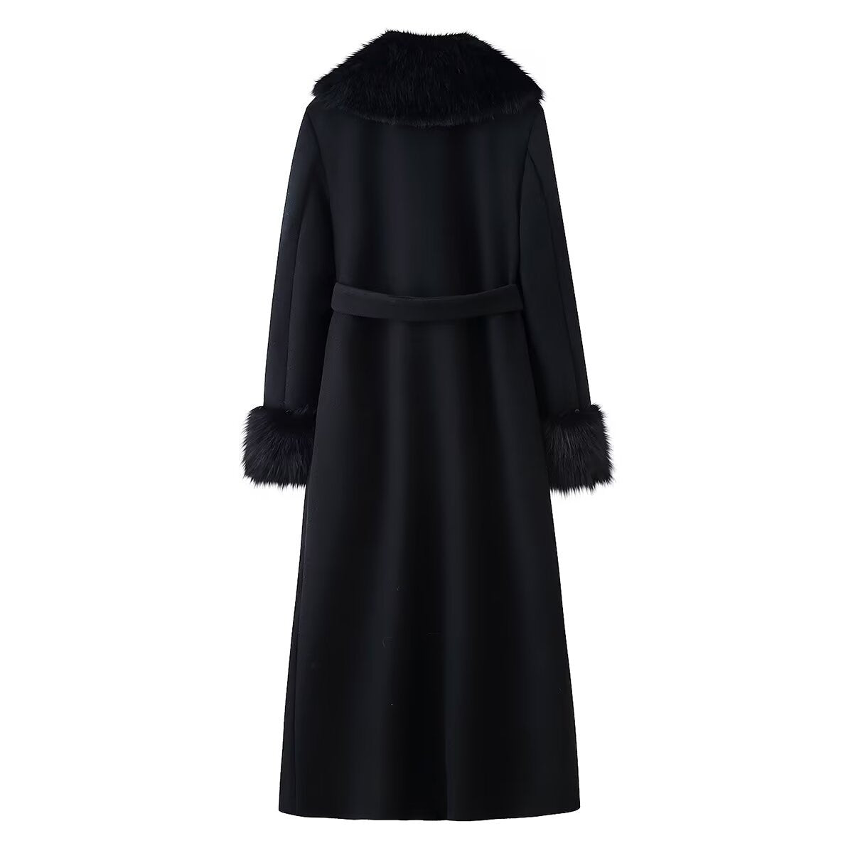 Women Longer Elegant Wool Blend Coat with Wide Faux Fur Collar, Belt and Fur Cuffs Chichicherry