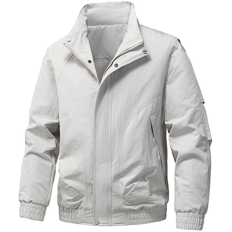 Men's Windproof Utility Bomber Jacket with Stand Collar, Elastic Cuffs, and Concealed Zipper Chichicherry