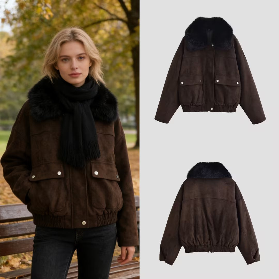 Women's Oversize Bomber Jacket made of Suede Imitation with Large Faux Fur Collar Chichicherry