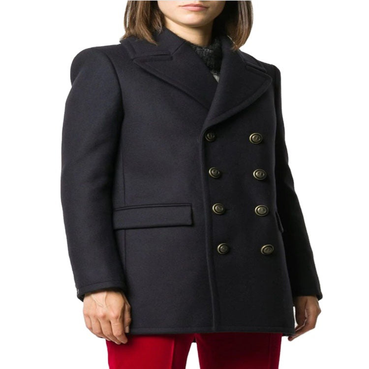Women's Short Tailored Double-Breasted Wool Blend Peacoat with Maritime Details Chichicherry