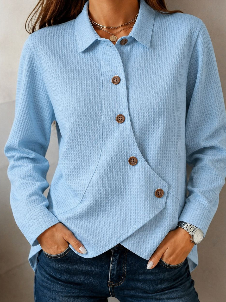 Women Asymmetrical Waffle Structure Shirt Blouse with Button Detail Chichicherry