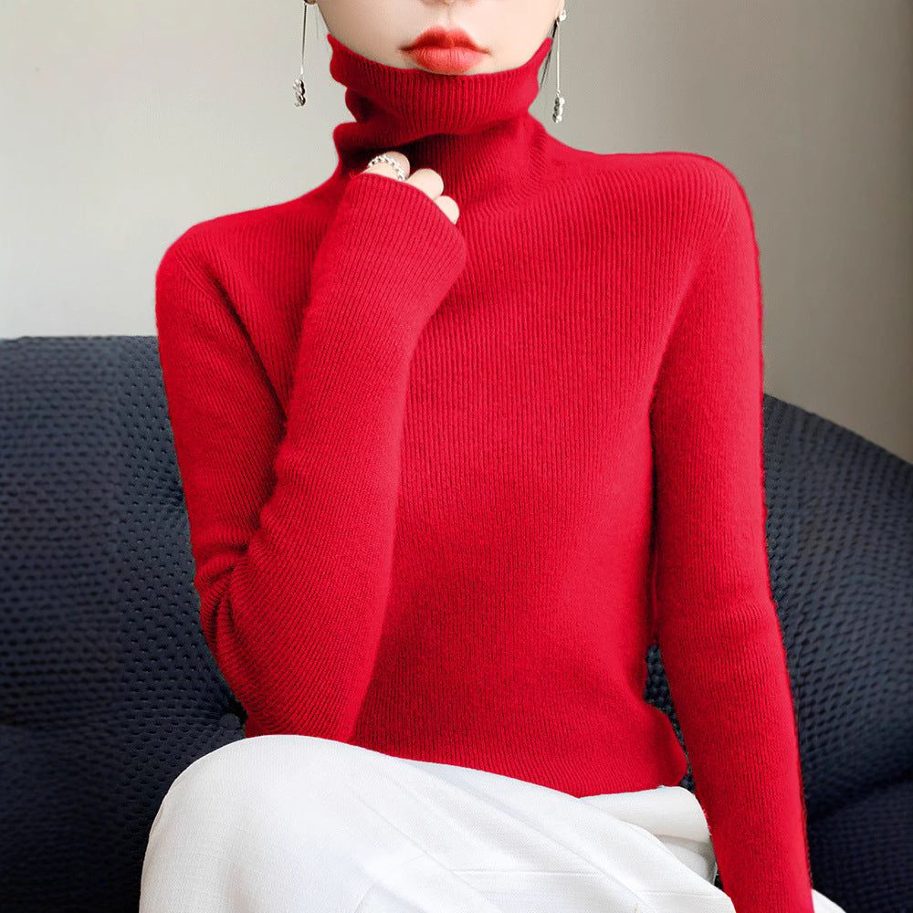 Women's Slim Roll Neck Sweater in Cashmere Blend with Extra Long Sleeve Cuff Chichicherry