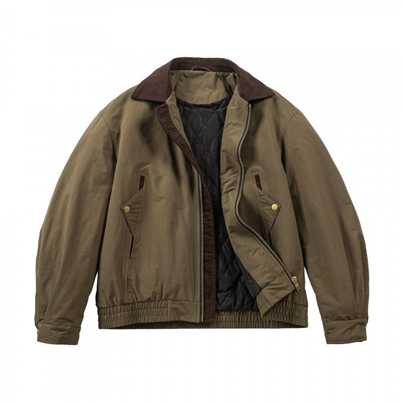 Men's Boxy Field Bomber Jacket with Cord Collar, Metal Zipper and Elastic Hem Chichicherry