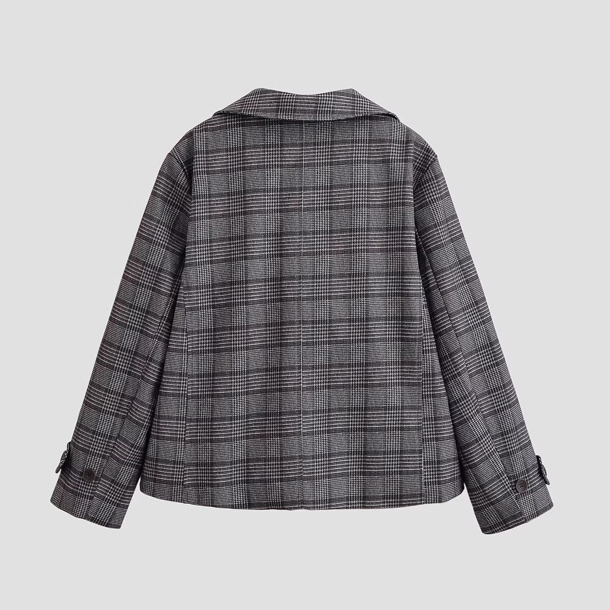 Women's Cropped Double-Breasted Blazer in Glen Check with Oversized Lapels and Turn-Up Sleeves Chichicherry