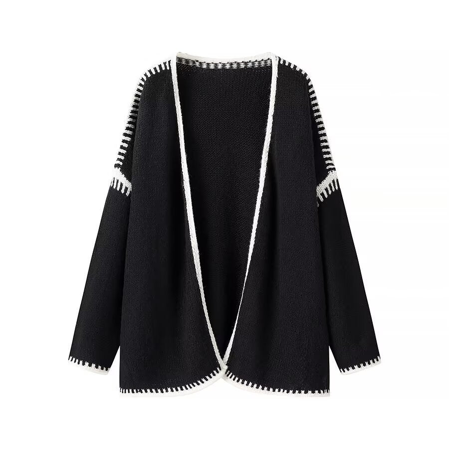 Women's Oversized Cardigan with Contrasting Crochet Edge and Dropped Shoulder Chichicherry