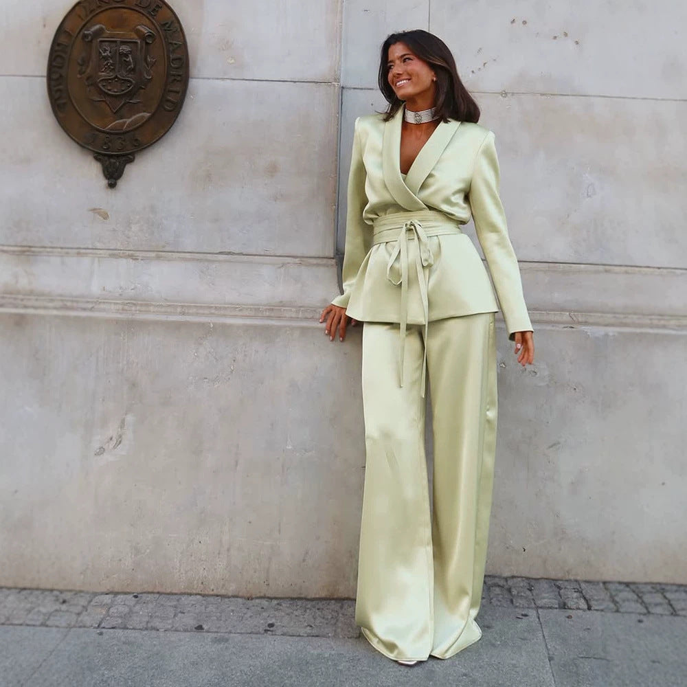 Women's Satin Two-Piece with Fitted Wrap Blazer and Wide Palazzo Pants Chichicherry