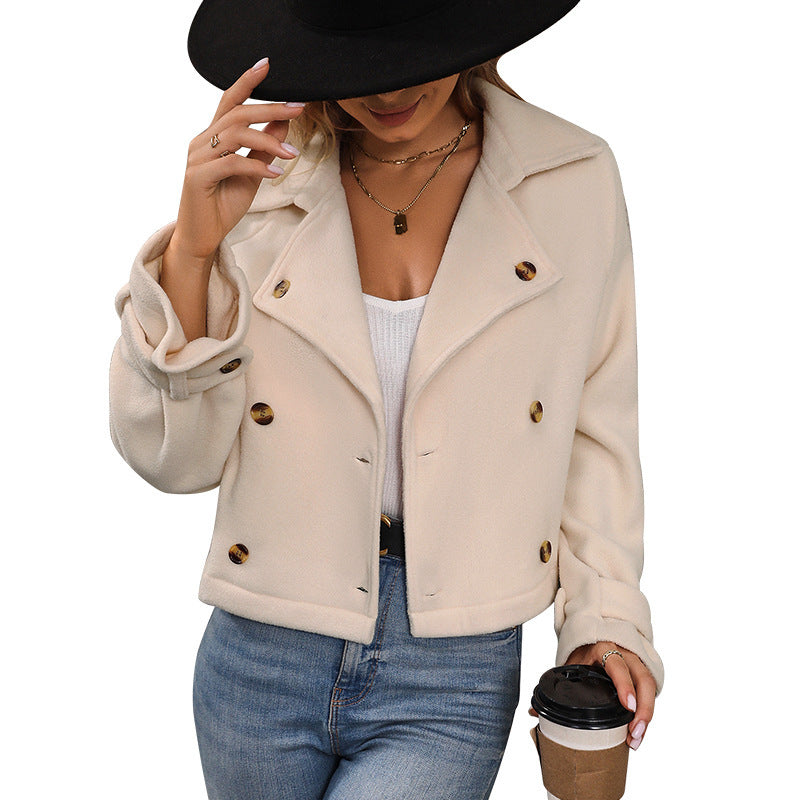 Women's Short Jacket Double-Breasted Wool Blend with Notched Collar and Rolled-Up Sleeves Chichicherry