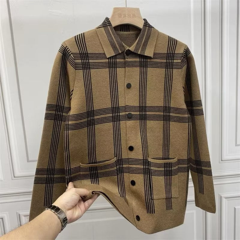 Herren Leichtes Strick-Übergangshemdjacke mit Karomuster und aufgesetzten Taschen Chichicherry