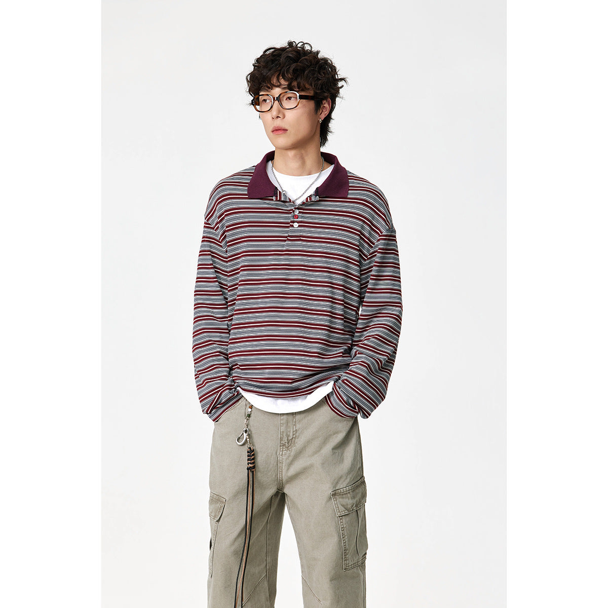 Unisex Classic Striped Long Sleeve Polo Shirt made of fine Ribbed Knitting with Kent Collar and Half Button Placket Chichicherry