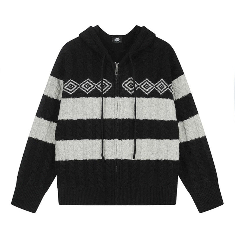 Women's chunky knit hooded cardigan with cable knit, block stripes, and full-length zipper Chichicherry