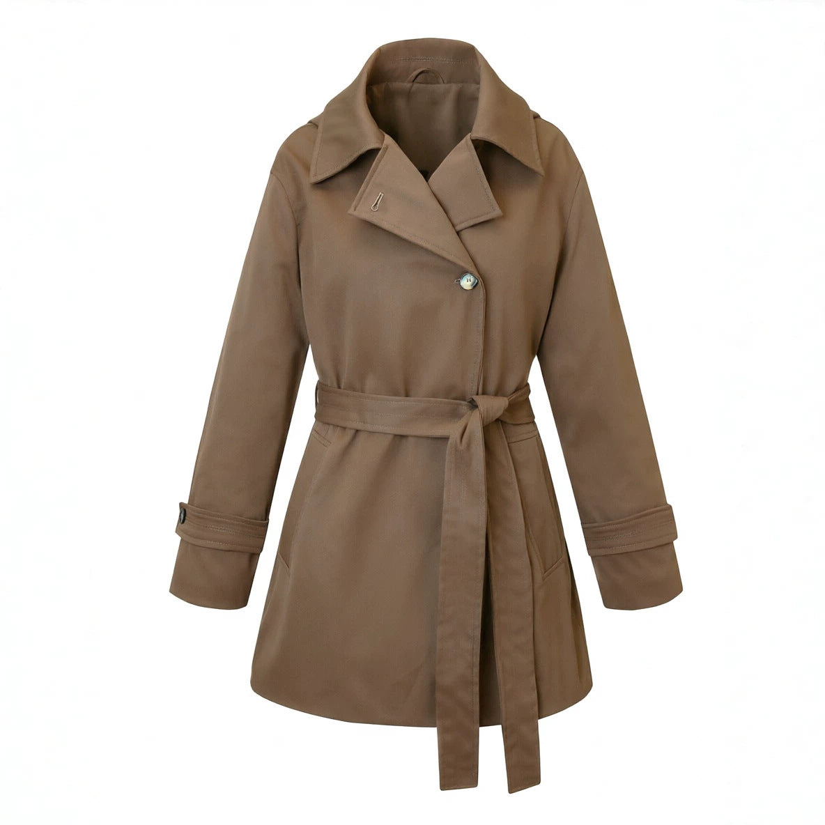Ladies short trench coat with tailored tie belt and wide lapels Chichicherry