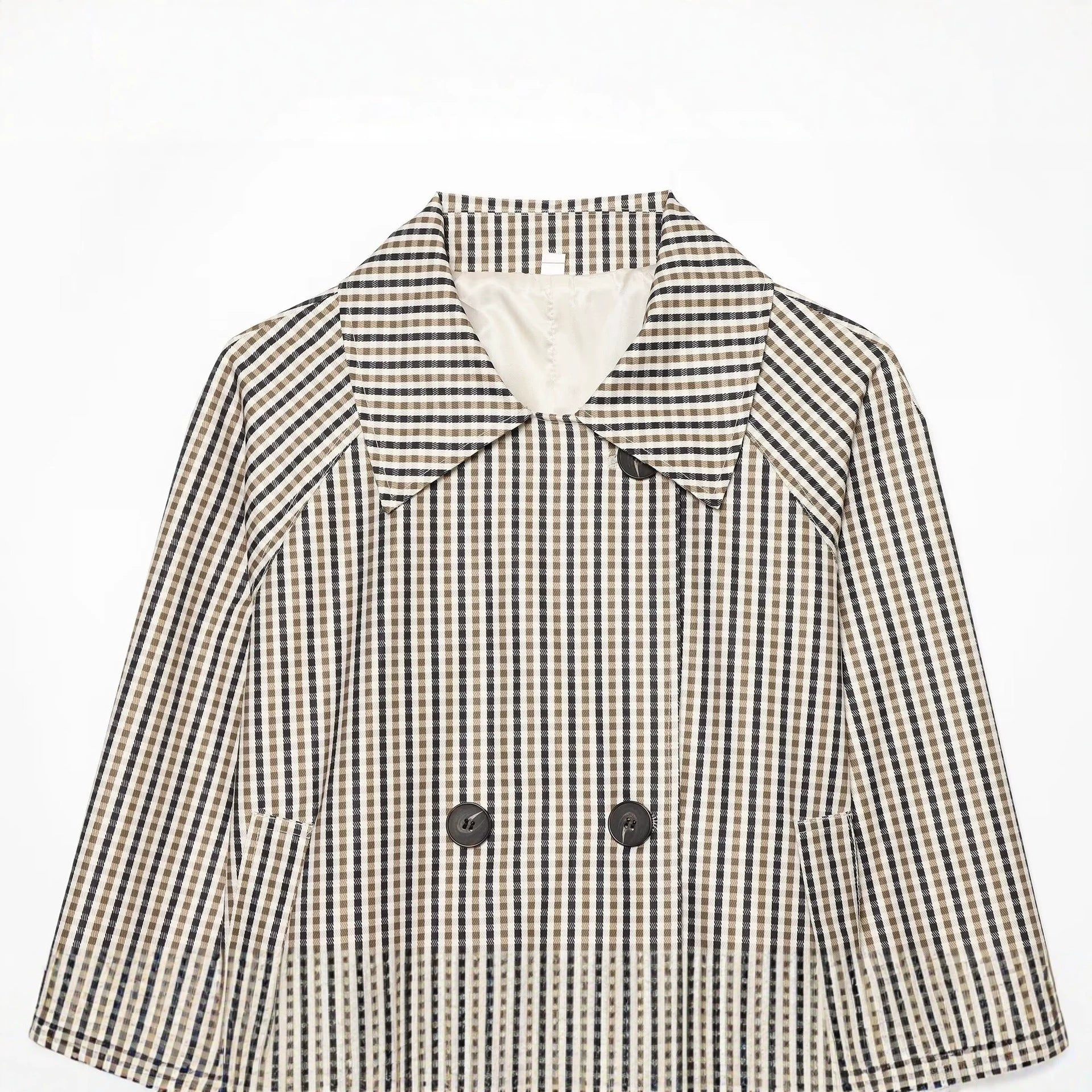 Women Short Tailored Double-Breasted Trench Coat with Check Pattern and Belt Chichicherry