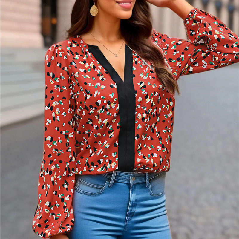 Women's Loose Fit V-Neck Blouse with Contrasting Trim and Allover Print