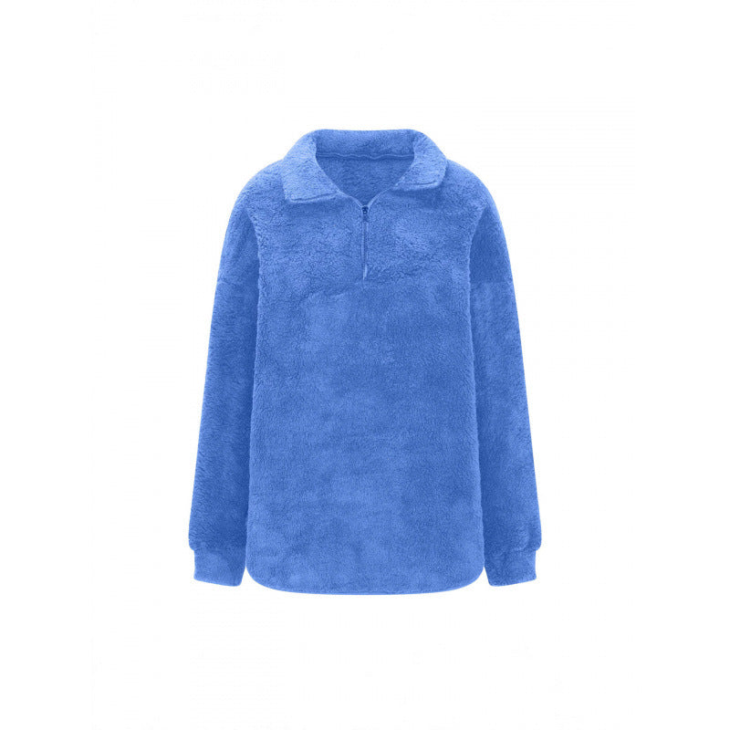 Women Fluffy Oversized Sherpa Pullover with Half Zip and Kangaroo Pockets Chichicherry