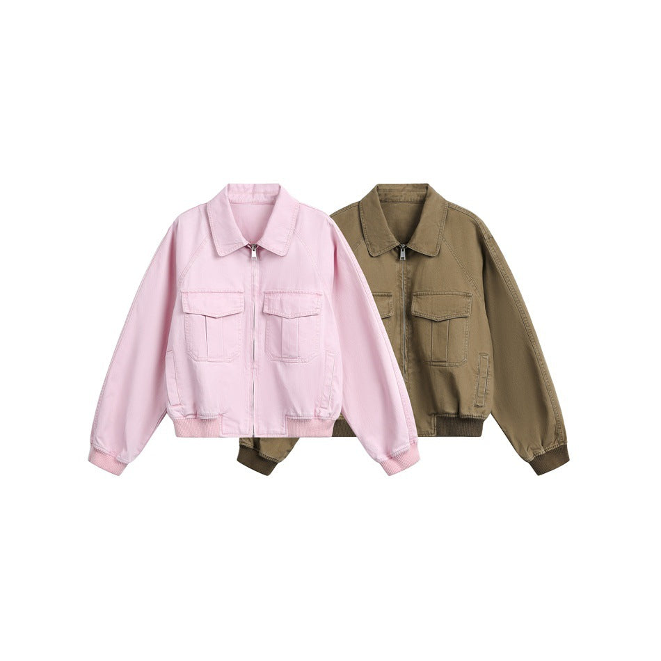Women's cropped boxy bomber jacket made of cotton blend with flap pockets and full-length zipper Chichicherry