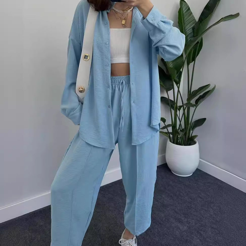 Damen Lässiges zweiteiliges Lounge-Set aus Crêpe mit Oversize-Hemd und hohem Elastikbund Chichicherry