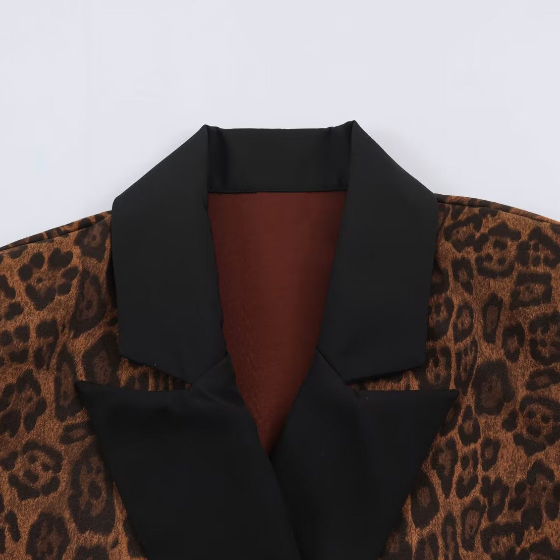 Women Double-Breasted Coat with Leopard Print and Satin Shawl Collar Chichicherry