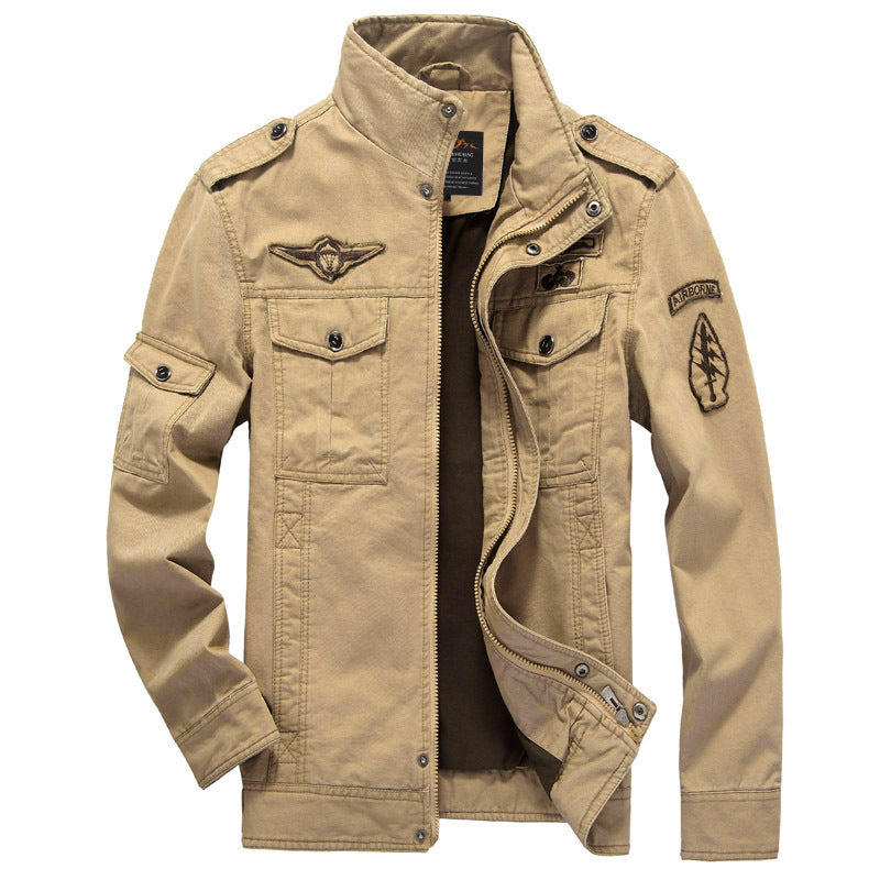 Men's Military Utility Jacket made of canvas with stand-up collar, shoulder epaulets, and multiple pockets Chichicherry
