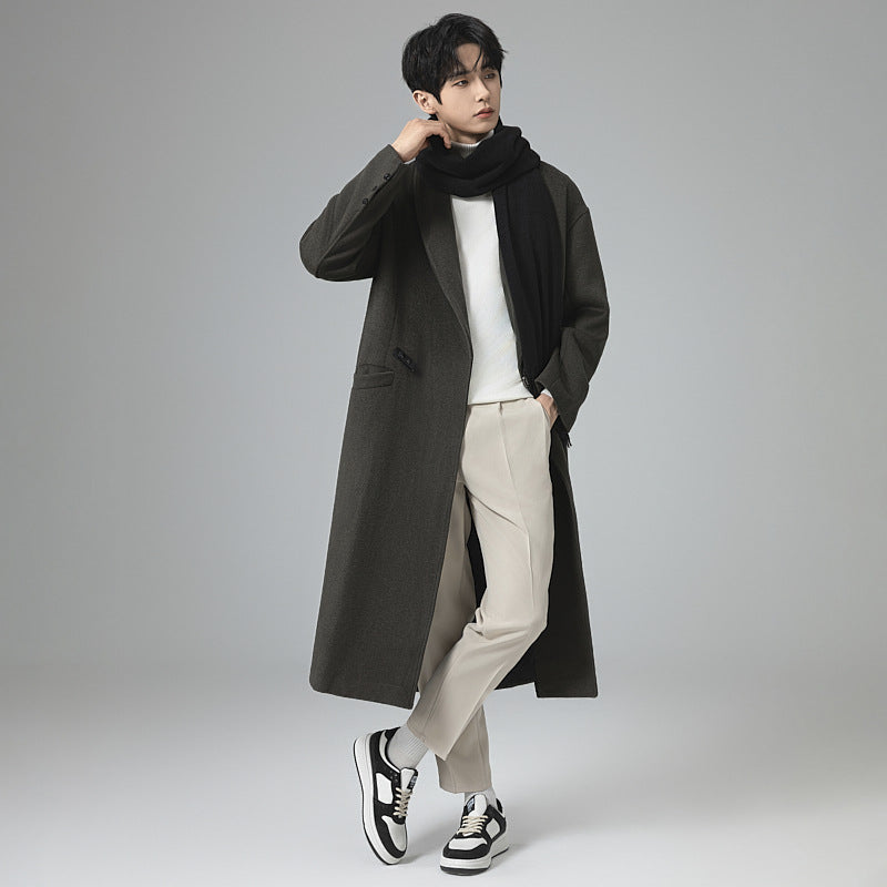 Men's maxi-length wool blend overcoat in oversized fit with wide shawl collar and decorative belt Chichicherry