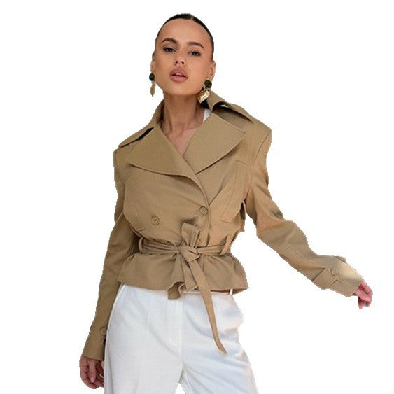 Women Tailored Trench Set with Peplum, Tied Belt & Pencil Skirt Chichicherry