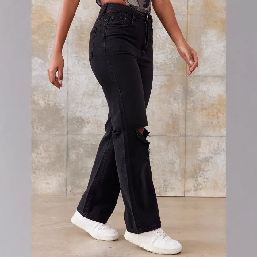 Ladies High-Waist Straight Jeans with wide leg, knee rip and textured denim look Chichicherry