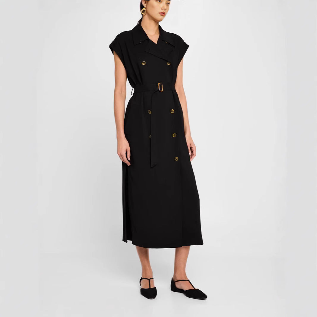 Women's Sleeveless Double-breasted Midi Dress with Trench Belt Chichicherry
