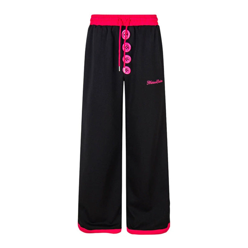 Women Wide Lounge Pants with Decorative Button Placket, High Waist and Drawstring Chichicherry