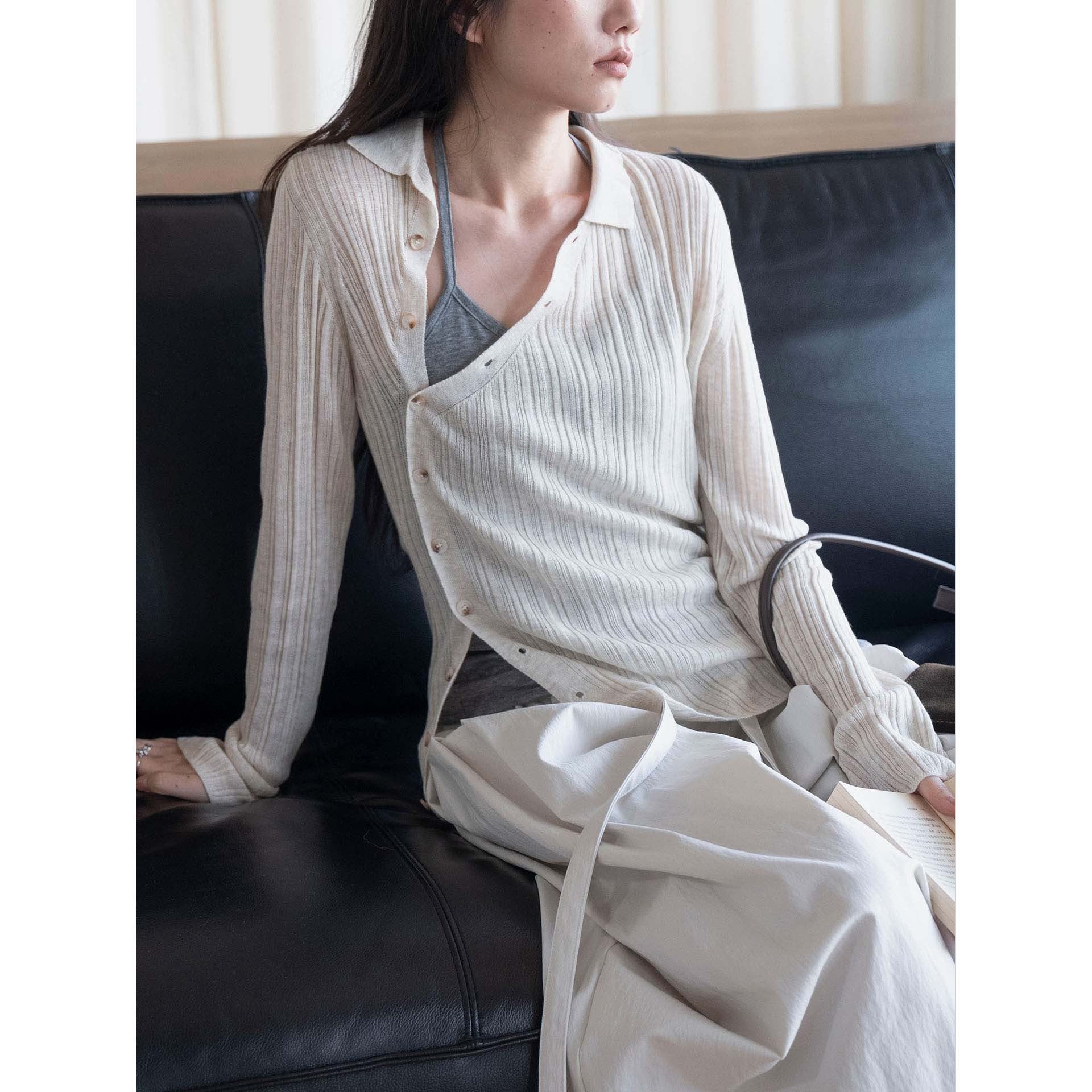 Women's fine knit long cardigan with kent collar and fine ribbed texture Chichicherry