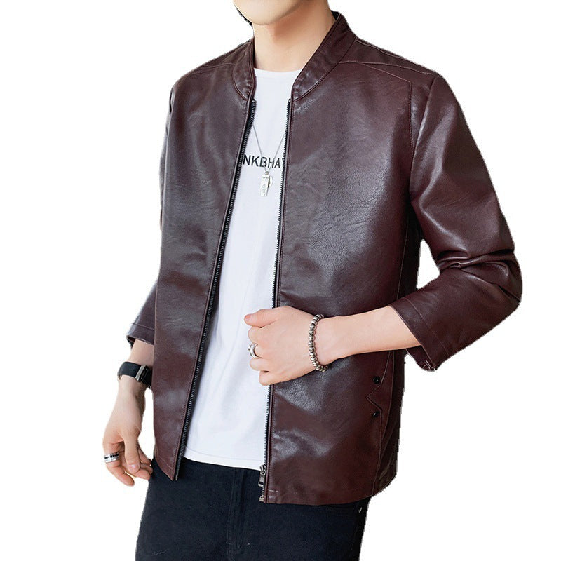 Men's slim-fit faux leather flight jacket with minimalist stand collar and concealed zip placket Chichicherry