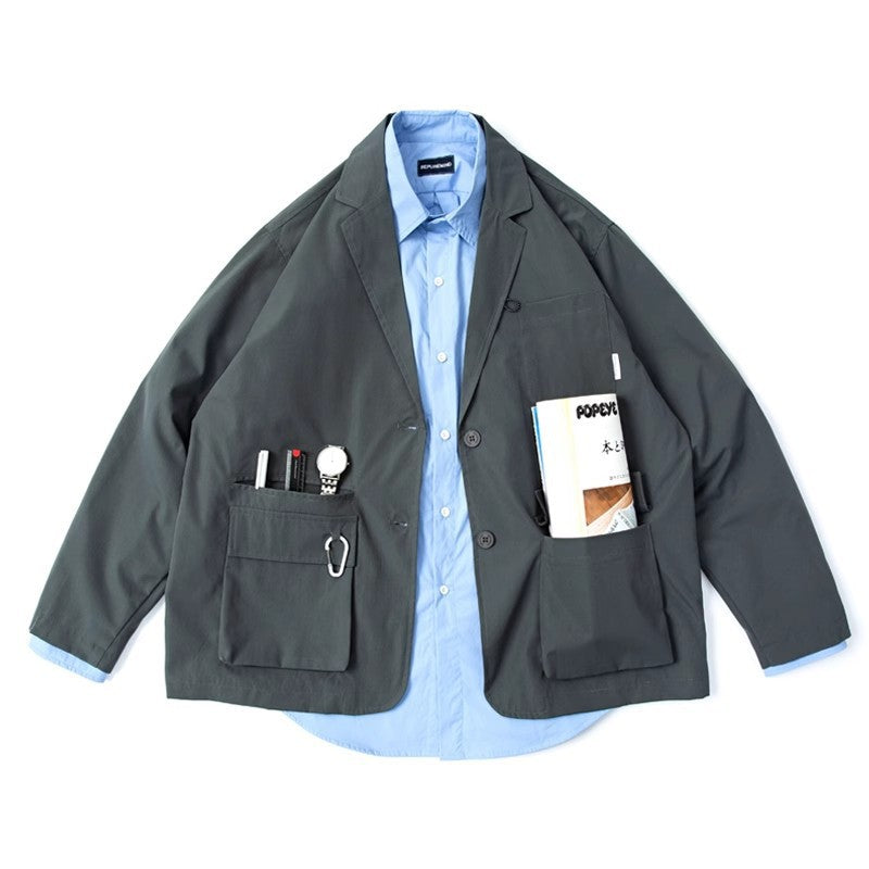 Unisex Loose-Fitting Utility Blazer with Multifunction Pockets Chichicherry