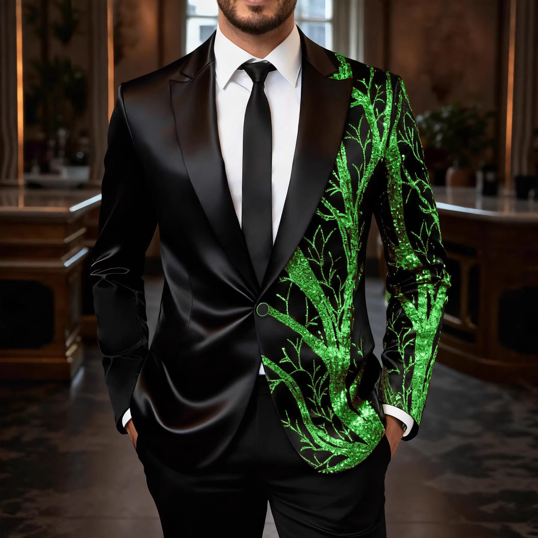 Men's tuxedo blazer with gold sequin trim and tailored satin look Chichicherry