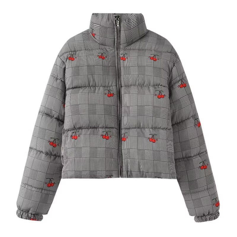 Women's short-cut quilted down-look jacket with stand-up collar and cherry embroidery Chichicherry