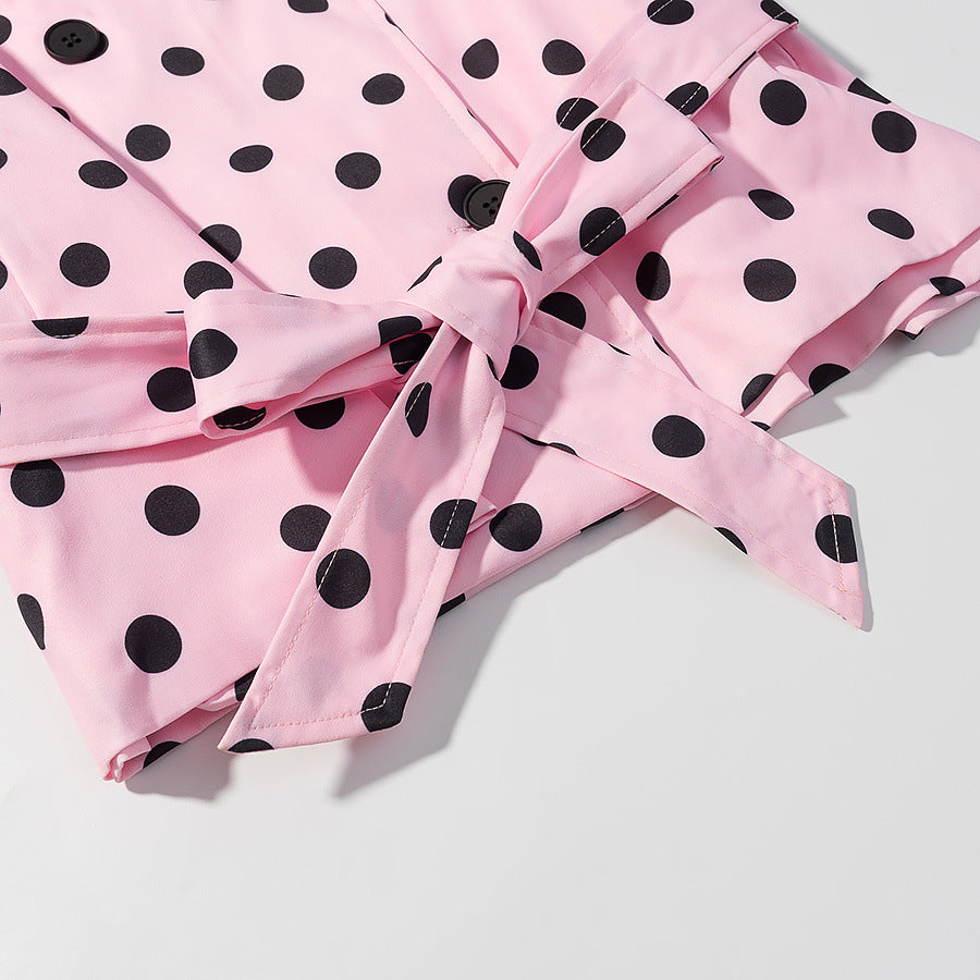 Women's short trench coat in polka dot pattern, double-breasted with belted waist Chichicherry