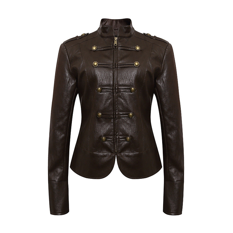 Women’s fitted leather jacket in military style with stand-up collar and decorative button placket Chichicherry