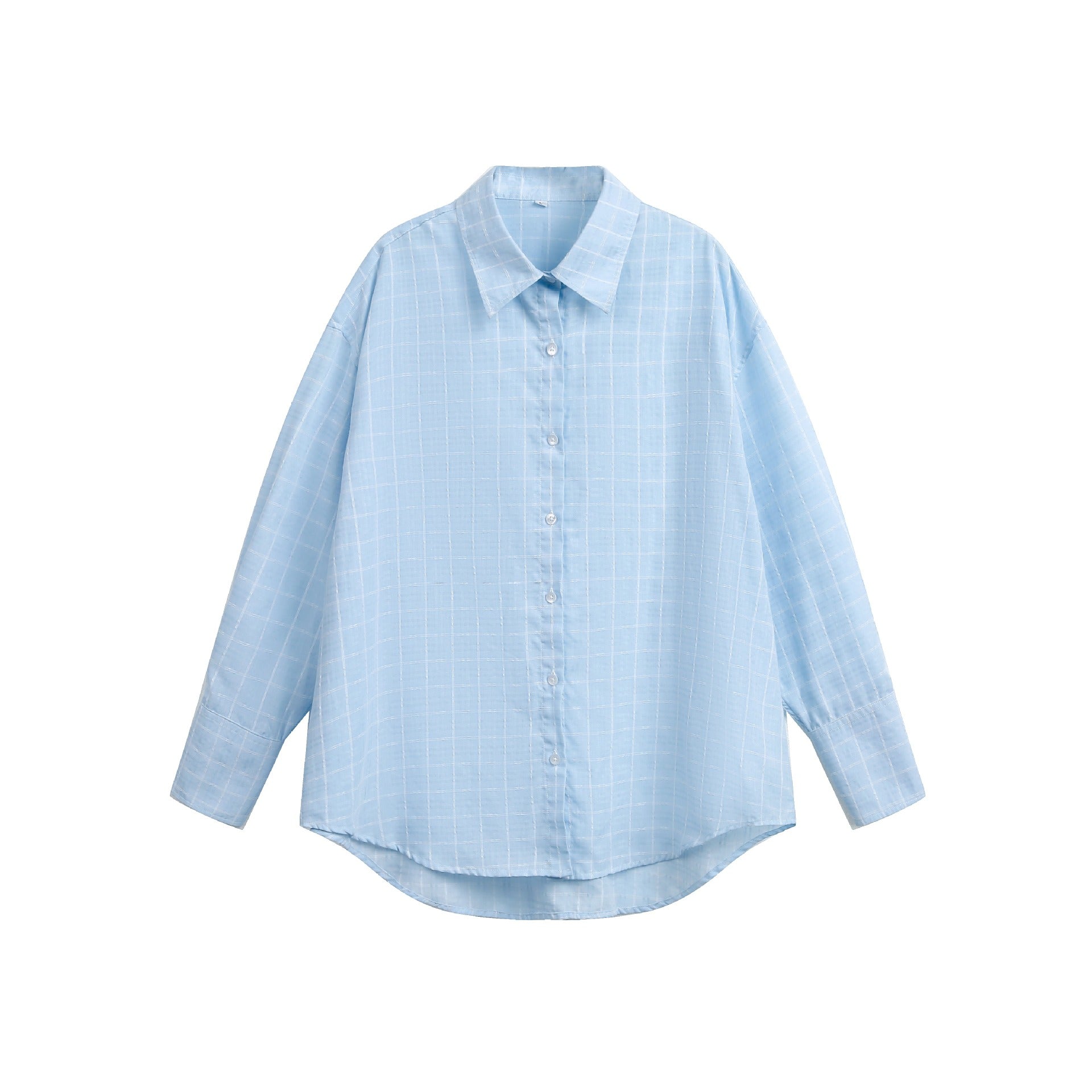 Women's oversized blouse with fine check pattern, drop shoulder and extended back part.