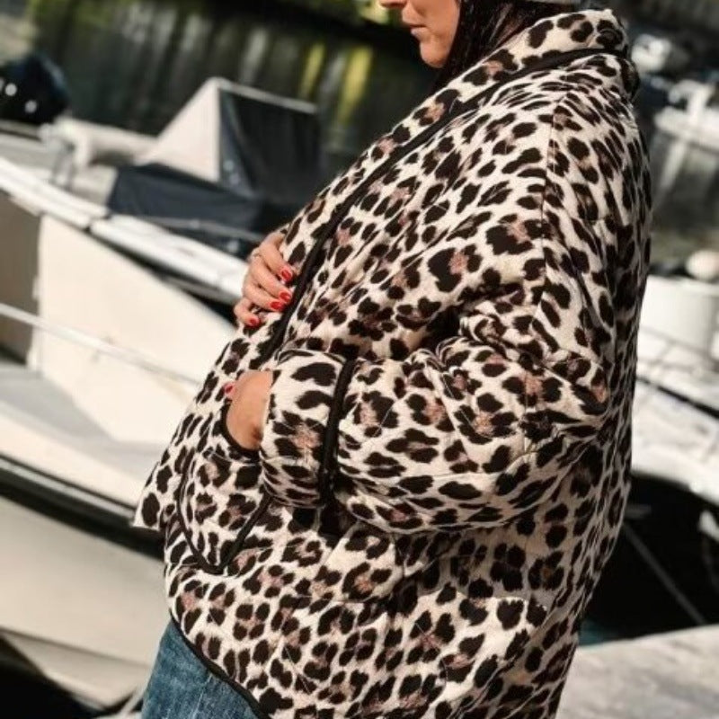 Women's Lined Short Jacket in Leopard Print with Shawl Collar and Piping Chichicherry