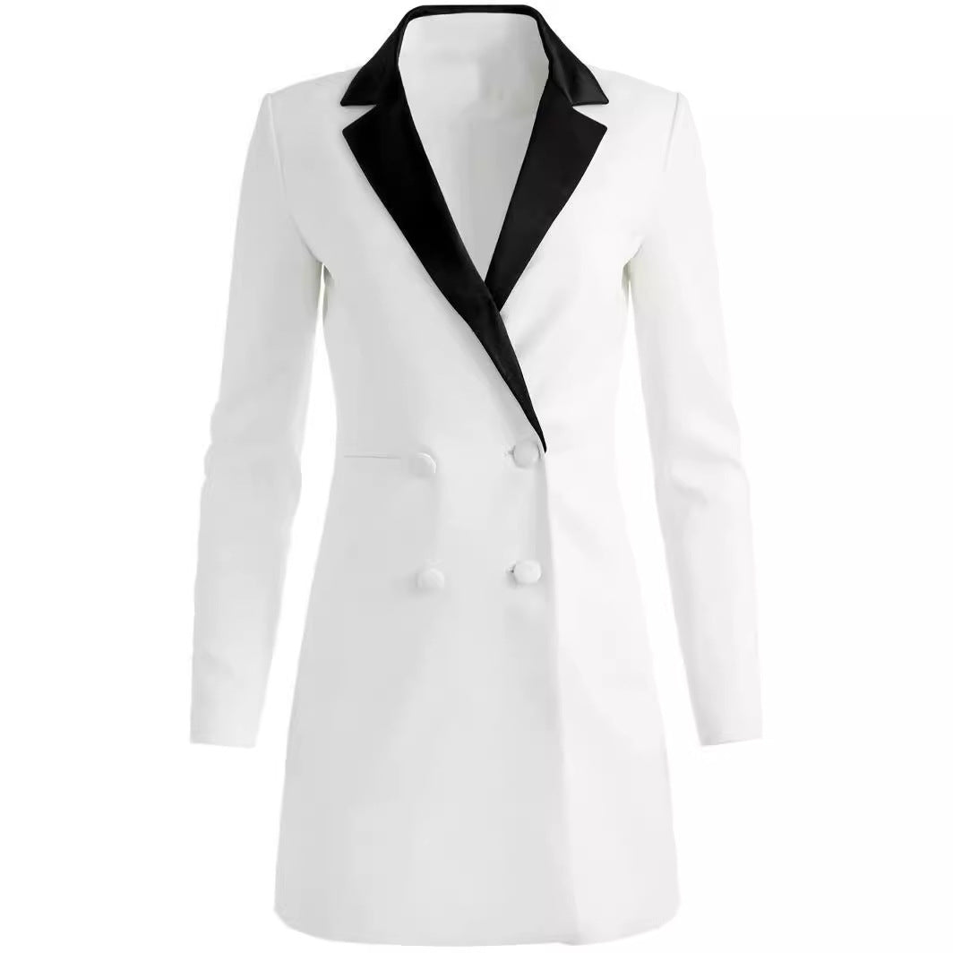 Women Double-Breasted Blazer Dress-Mini Dress with Contrast Shawl Collar Chichicherry