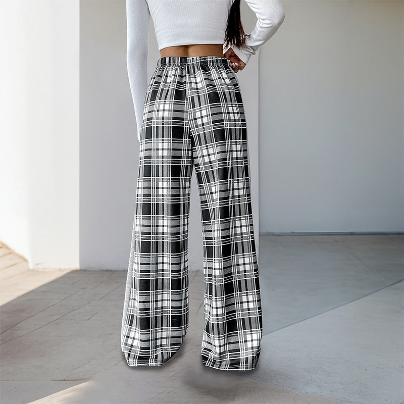 Women's Wide Lounge Pants in Checked Pattern with Elastic Waistband and Contrast Side Panel Chichicherry