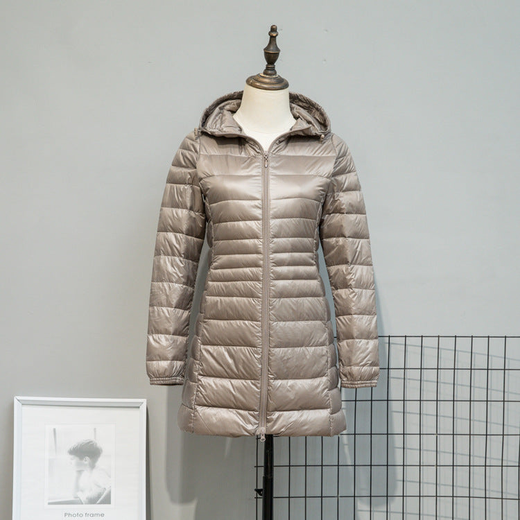 Women's Lightly Quilted Long Jacket with Hood and Slim Silhouette Chichicherry