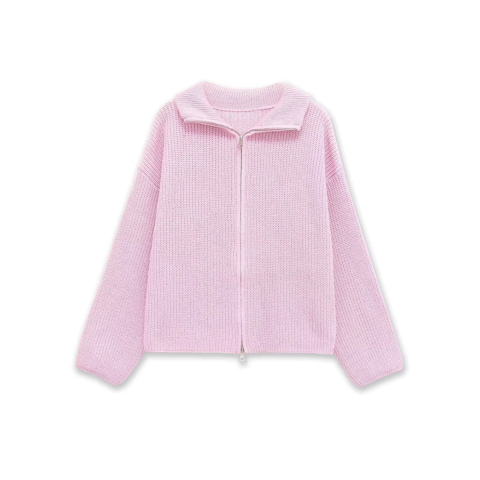 Women's Chunky Knit Zip Cardigan with Stand-up Collar and Oversized Silhouette Chichicherry