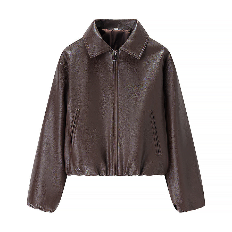 Women short cut leather imitation blouson with zipper and elastic hem Chichicherry