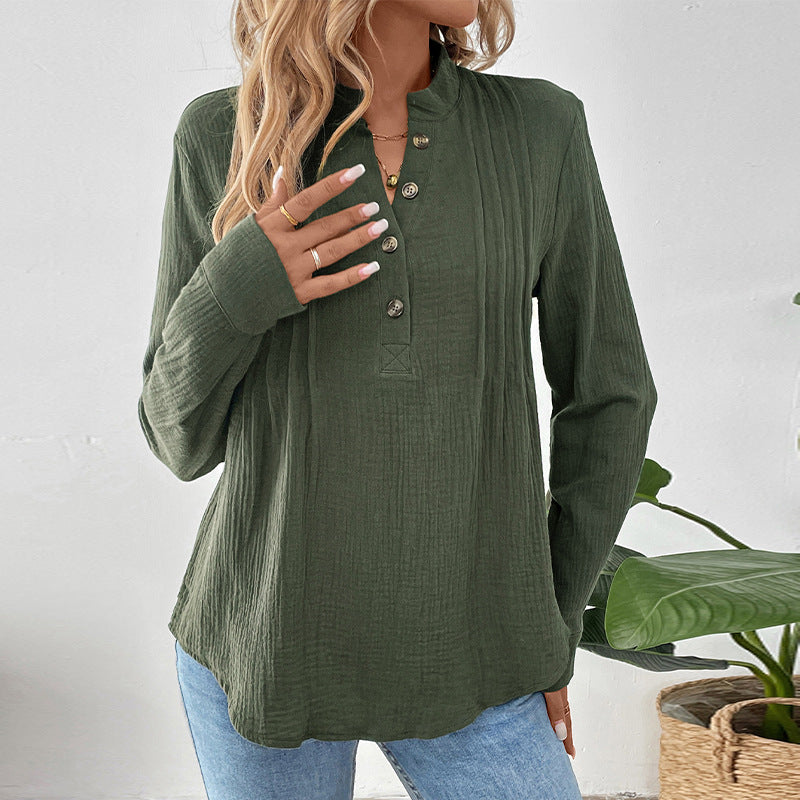 Women's Light Crinkle Henley Blouse Shirt with Stand Collar, Long Sleeves and Relaxed Fit Chichicherry