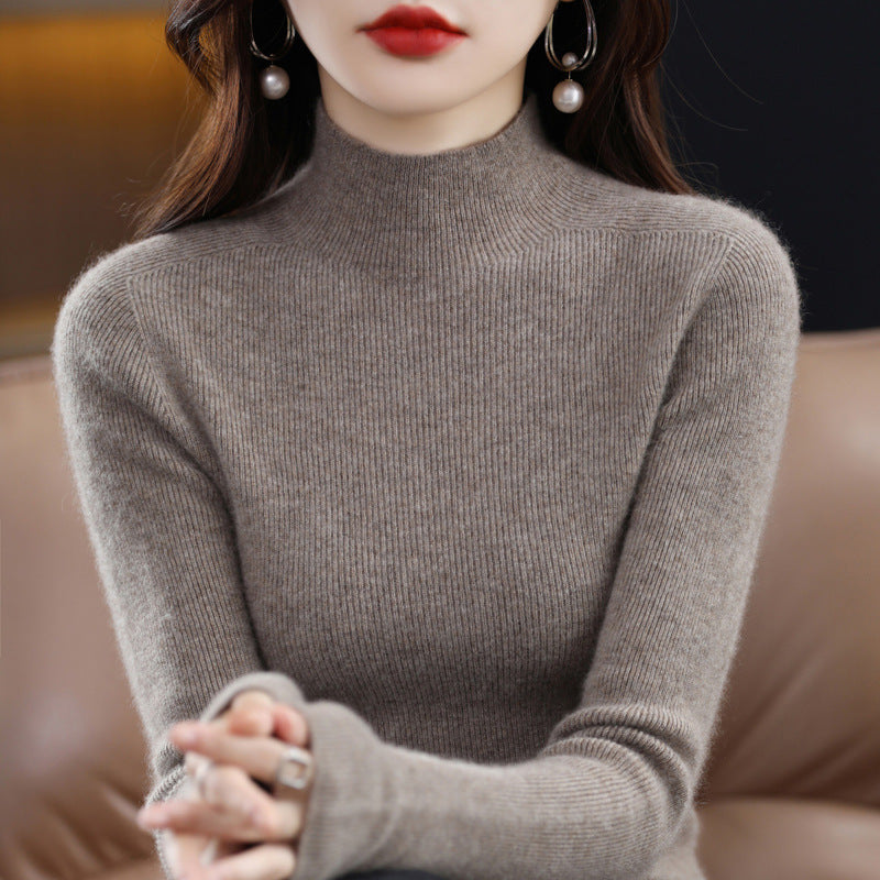 Women's Narrow Mock Neck Fine Knit Sweater with Extra Fine Ribbed Structure and Cashmere Look Chichicherry