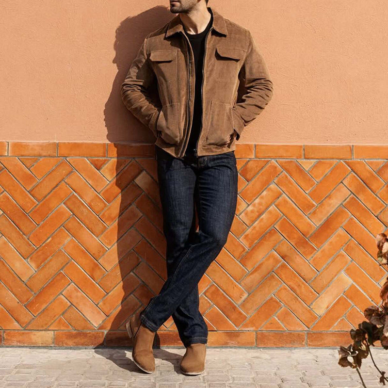 Men's short jacket made of fine corduroy with a shirt collar, zipper, and flap pockets Chichicherry