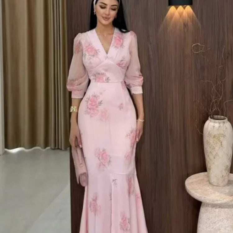 Ladies Elegant Maxi Dress in Mermaid Cut with V-Neck and Transparent Puff Sleeves Chichicherry