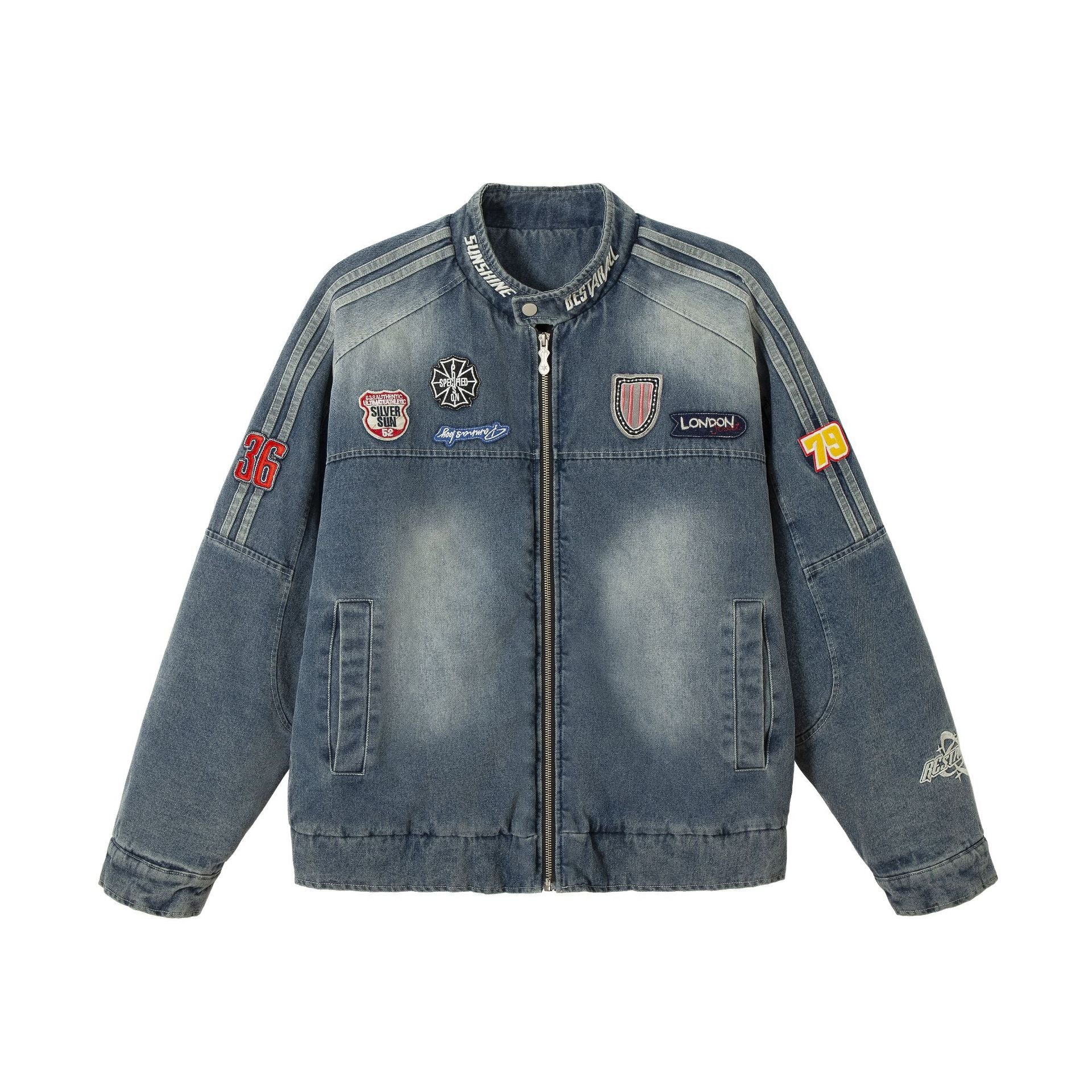 Men's jeans bomber jacket with vintage wash, patch detail and stand-up collar Chichicherry