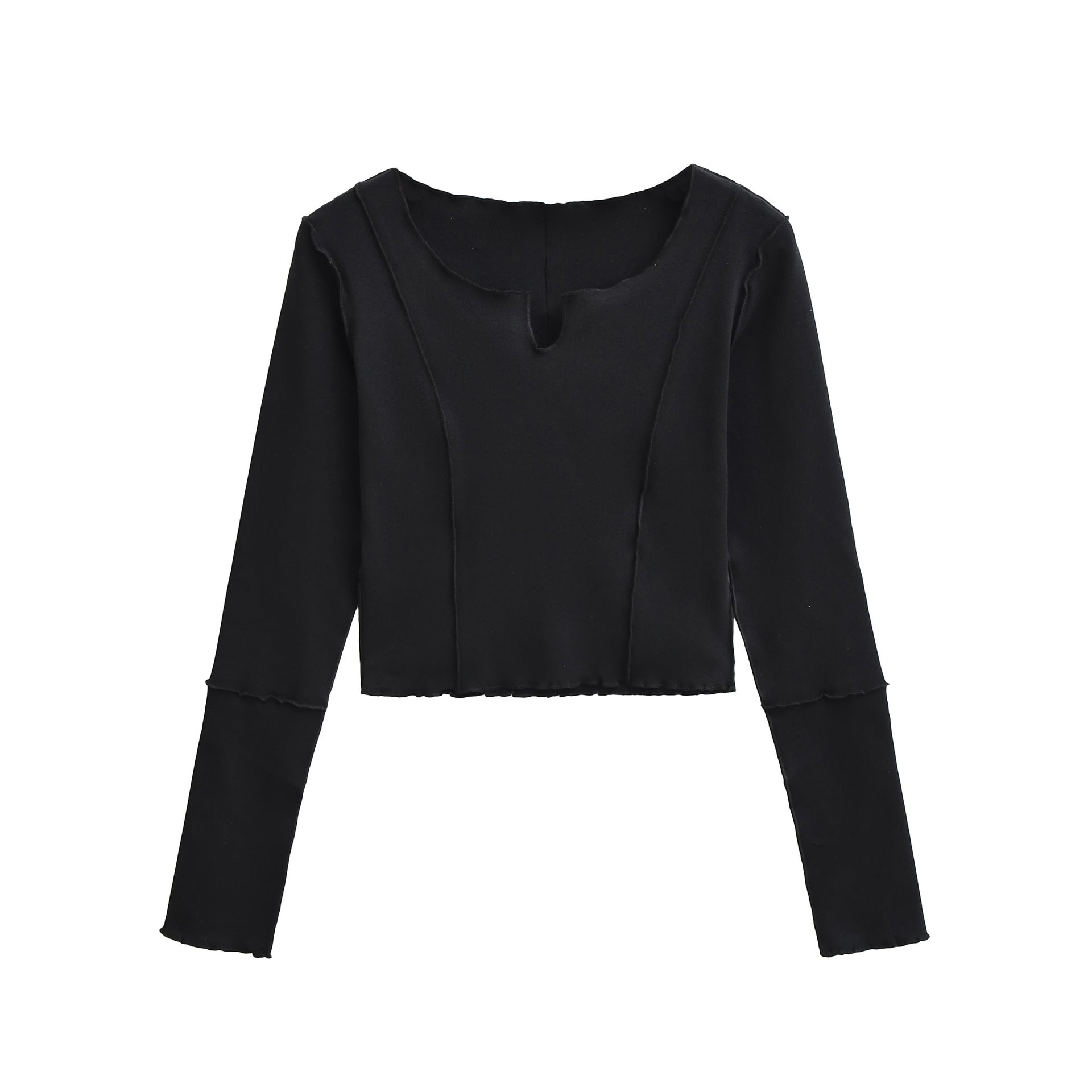 Women's Short Sleeve Long Sleeve Shirt with Visible Rolled Seams and Slit Collar Chichicherry
