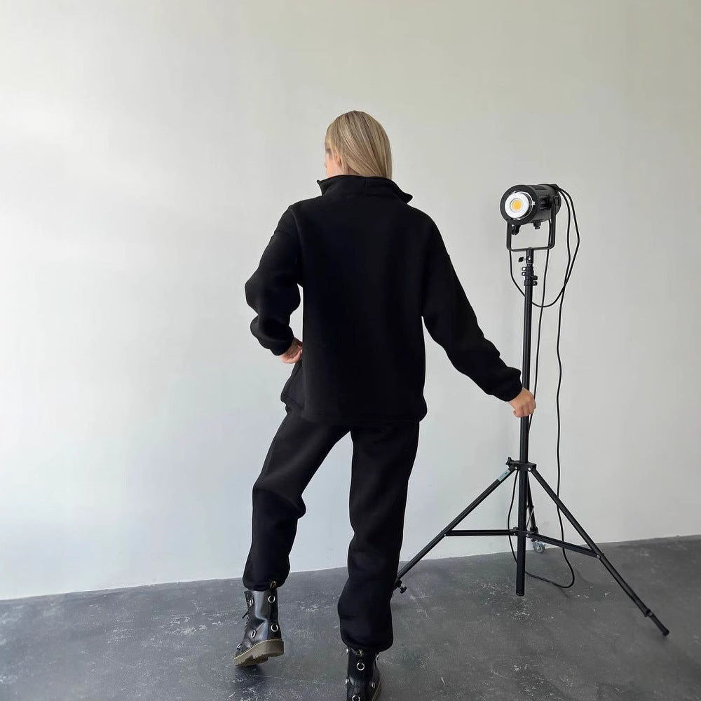 Damen Cropped-Sweatshirt-Set mit hohem Kragen und High-Waist-Jogginghose Chichicherry