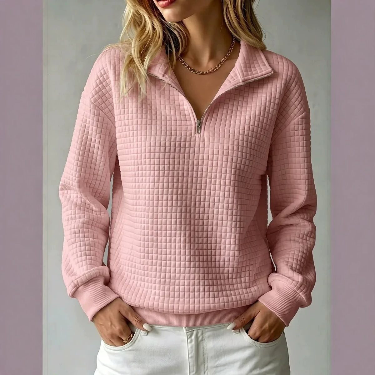 Women's Quilted Fleece Pullover with Half Zipper and Stand-Up Collar Chichicherry