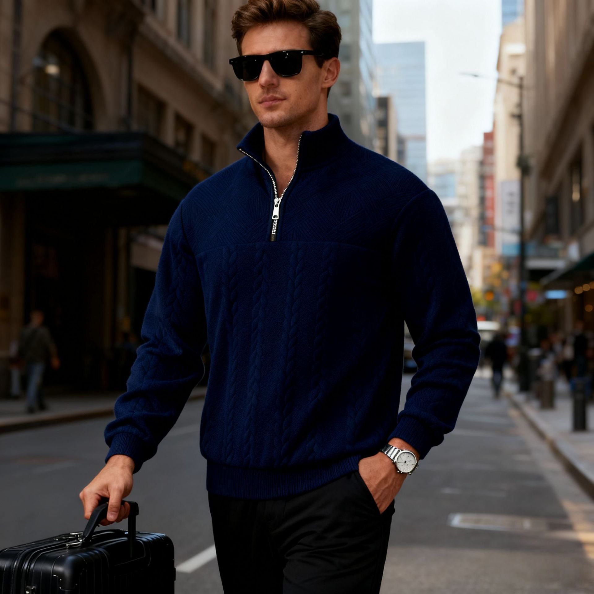 Men's chunky knit half-zip sweater with cable pattern and stand-up collar Chichicherry